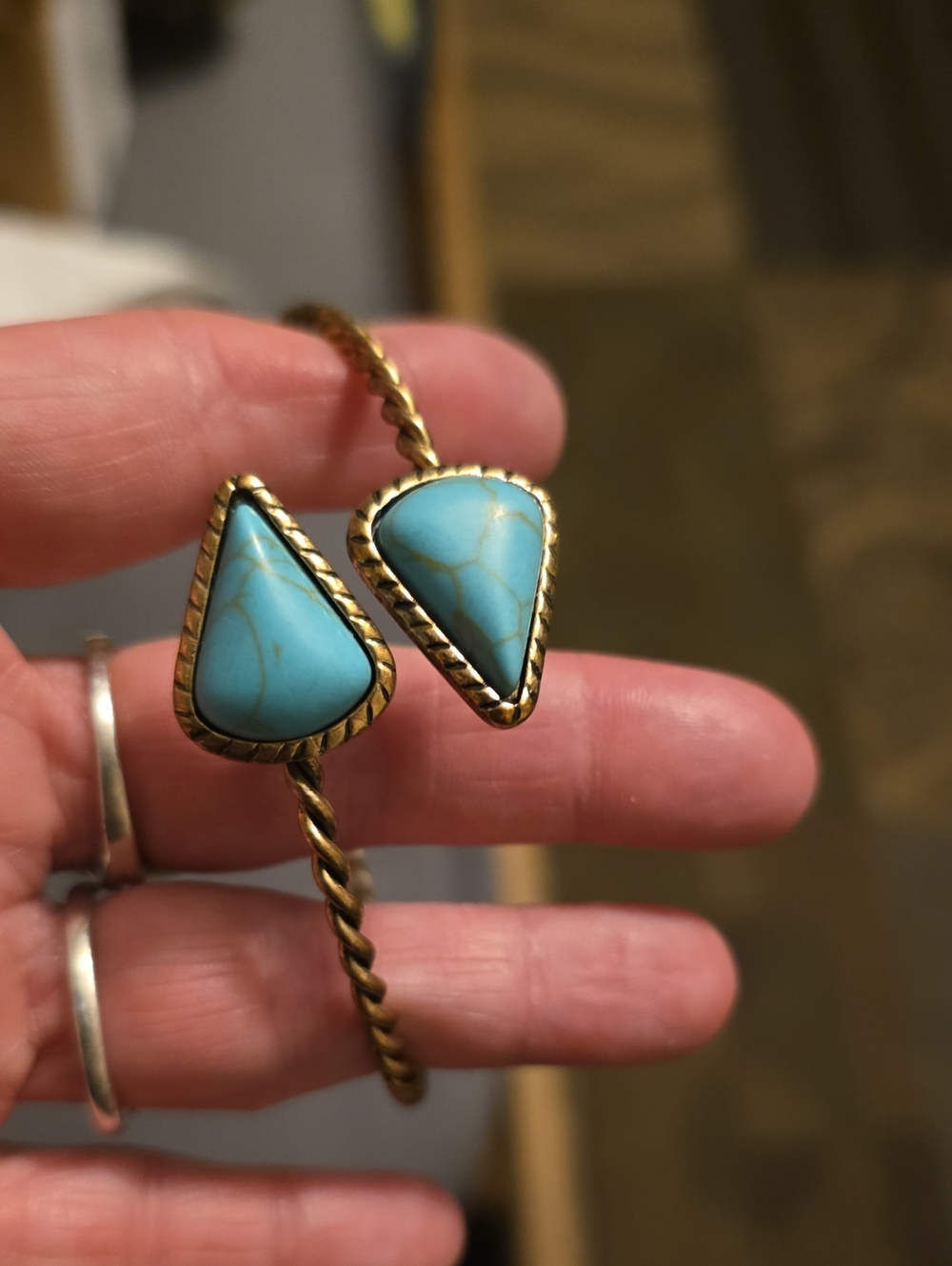 Gold-Tone Open Cuff Bracelet with Turquoise Stones - Women Jewelry